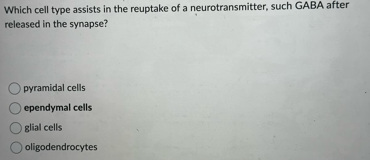 Which cell type assists in the reuptake of a neurotransmitter, such GABA after
released in the synapse?
pyramidal cells
ependymal cells
glial cells
oligodendrocytes