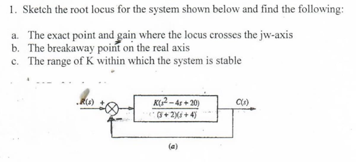 1. Sketch the root locus for the system shown below and find the following:
a. The exact point and gain where the locus crosses the jw-axis
b. The breakaway point on the real axis
c. The range of K within which the system is stable
.R(s)
K(2 - 45 + 20)
C(s)
(5+ 2)(s + 4)

