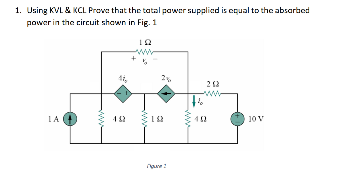 1. Using KVL & KCL Prove that the total power supplied is equal to the absorbed
power in the circuit shown in Fig. 1
+
4i,
2 Vo
2 Ω
1 A (4
4 Q
4 2
10 V
Figure 1
