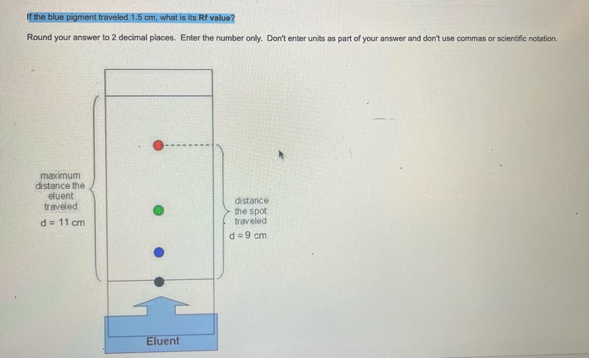 If the blue pigment traveled 1.5 cm, what is its Rf value?
Round your answer to 2 decimal places. Enter the number only. Don't enter units as part of your answer and don't use commas or scientific notation.
maximum
distance the
eluent
traveled
d = 11 cm
Eluent
distance
the spot
traveled
d = 9 cm