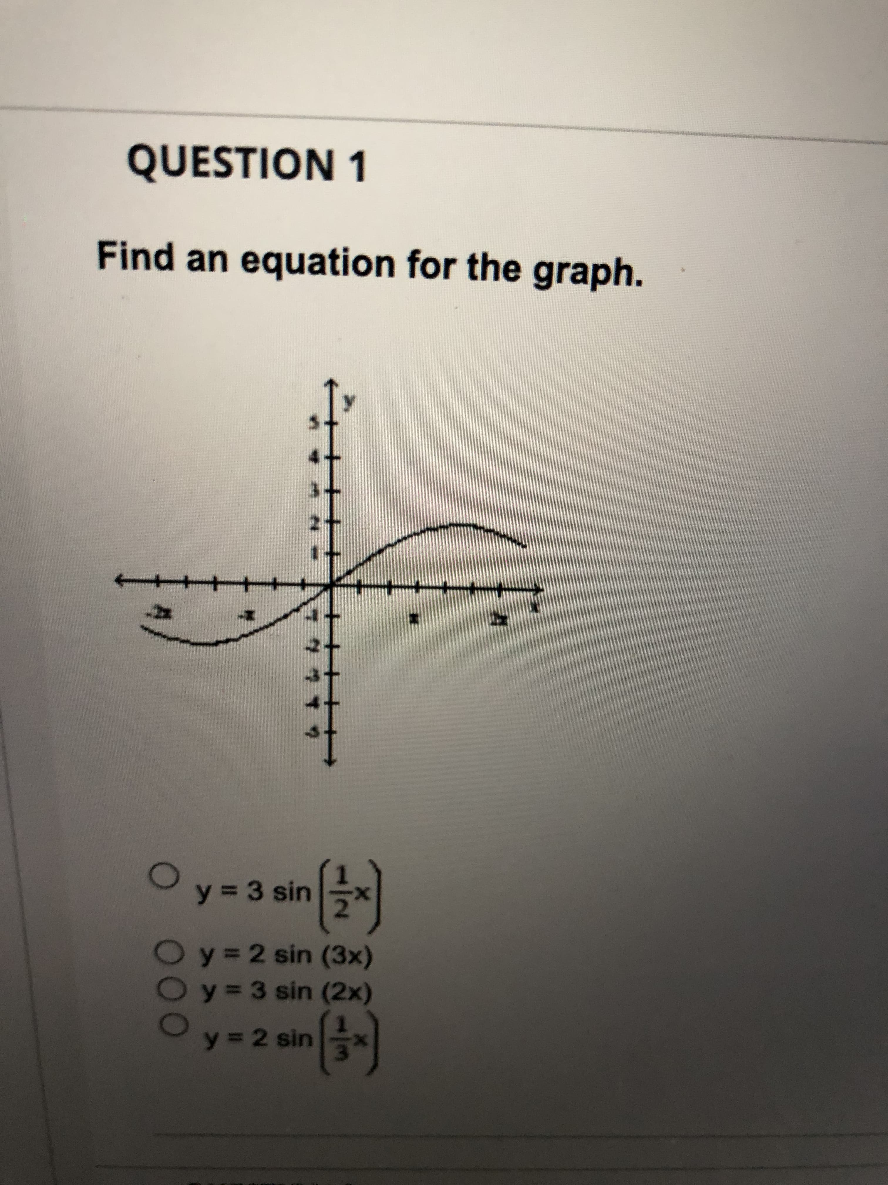 QUESTION 1
Find an equation for the graph.
十
y 3 sin
%3D
Oy32 sin (3x)
Oy33 sin (2x)
y 2 sin
(+)
