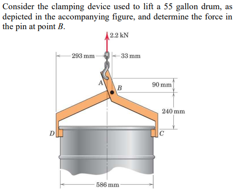 Consider the clamping device used to lift a 55 gallon drum, as
depicted in the accompanying figure, and determine the force in
the pin at point B.
2.2 kN
293 mm
33 mm
586 mm
90 mm
B
240 mm