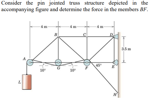 Consider the pin jointed truss structure depicted in the
accompanying figure and determine the force in the members BF.
L
A
4 m
B
4 m
4 m-
D
45°
E
F
10°
10°
H
3.5 m