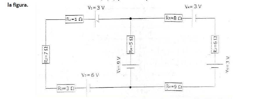 la figura.
V1= 3 V
V4= 3 V
R:-10
Rs-8 0
V2 = 6 V
Re=92
A E =SA
7i 9=
Ra=5 2
A6 =EA
R2=7 S2
