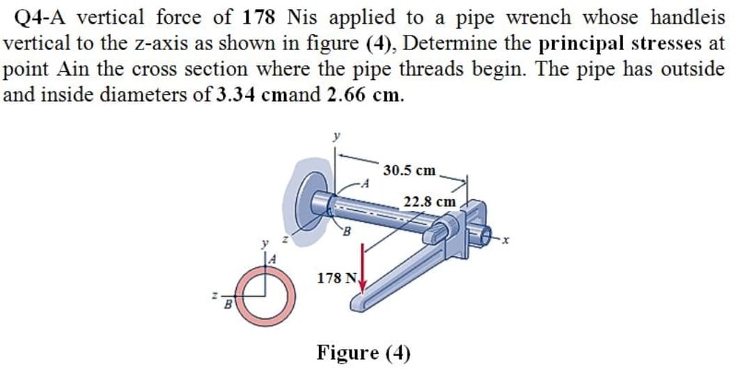 Q4-A vertical force of 178 Nis applied to a pipe wrench whose handleis
vertical to the z-axis as shown in figure (4), Determine the principal stresses at
point Ain the cross section where the pipe threads begin. The pipe has outside
and inside diameters of 3.34 cmand 2.66 cm.
30.5 cm
22.8 cm
178 NJ
Figure (4)

