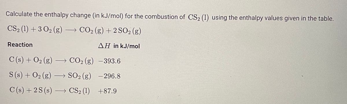 Calculate the enthalpy change (in kJ/mol) for the combustion of CS2 (1) using the enthalpy values given in the table.
CS₂ (1) + 302 (g) → CO₂ (g) + 2 SO2 (g)
AH in kJ/mol
Reaction
C(s) + O₂ (g) →→→ CO₂ (g)
S (s) + O₂ (g) →→→ SO₂ (g)
C(s) +2S (s) →→→ CS₂ (1)
−393.6
-296.8
+87.9
