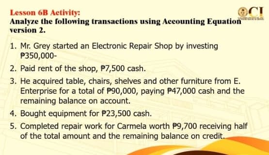OCI
Lesson 6B Activity:
Analyze the following transactions using Accounting Equation
version 2.
1. Mr. Grey started an Electronic Repair Shop by investing
P350,000-
2. Paid rent of the shop, P7,500 cash.
3. He acquired table, chairs, shelves and other furniture from E.
Enterprise for a total of P90,000, paying P47,000 cash and the
remaining balance on account.
4. Bought equipment for P23,500 cash.
5. Completed repair work for Carmela worth P9,700 receiving half
of the total amount and the remaining balance on credit.

