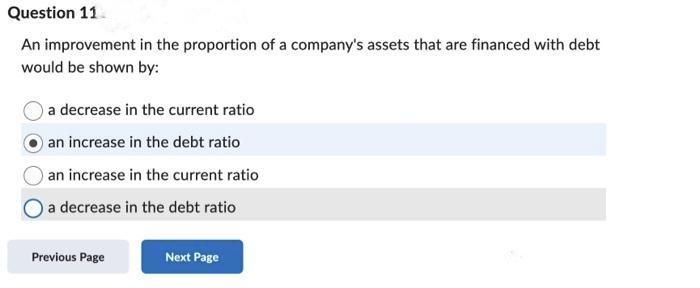 Question 11
An improvement in the proportion of a company's assets that are financed with debt
would be shown by:
a decrease in the current ratio
an increase in the debt ratio
an increase in the current ratio
a decrease in the debt ratio
Previous Page
Next Page