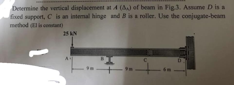 Determine the vertical displacement at A (AA) of beam in Fig.3. Assume D is a
fixed support, C is an internal hinge and B is a roller. Use the conjugate-beam
method (EI is constant)
25 kN
AL
9 m
B
9m
6 m