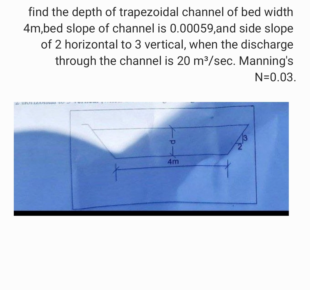 find the depth of trapezoidal channel of bed width
4m,bed slope of channel is 0.00059,and side slope
of 2 horizontal to 3 vertical, when the discharge
through the channel is 20 m³/sec. Manning's
N=0.03.
4m