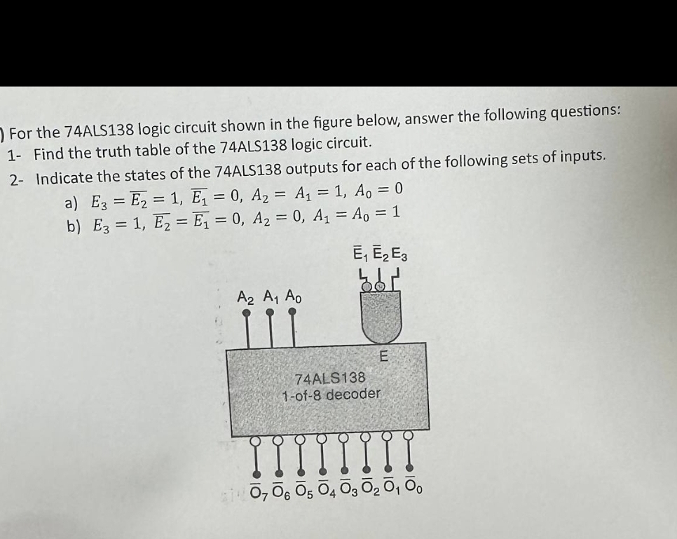 For the 74ALS138 logic circuit shown in the figure below, answer the following questions:
1- Find the truth table of the 74ALS138 logic circuit.
2- Indicate the states of the 74ALS138 outputs for each of the following sets of inputs.
a) E3 E21, E₁ = 0, A₂ = A₁ = 1, A₁ = 0
b) E3 = 1, E2= E₁ = 0, A₂ = 0, A₁ = A0 = 1
A2 A₁ Ao
Ē₁ Ē₂ E3
299
74ALS138
1-of-8 decoder
E
1407 06 05 04