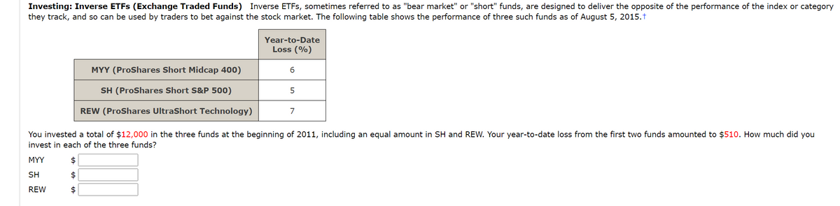 Investing: Inverse ETFS (Exchange Traded Funds) Inverse ETFS, sometimes referred to as "bear market" or "short" funds, are designed to deliver the opposite of the performance of the index or category
they track, and so can be used by traders to bet against the stock market. The following table shows the performance of three such funds as of August 5, 2015.t
Year-to-Date
Loss (%)
MYY (ProShares Short Midcap 400)
SH (ProShares Short S&P 500)
REW (ProShares UltraShort Technology)
7
You invested a total of $12,000 in the three funds at the beginning of 2011, including an egual amount in SH and REW. Your year-to-date loss from the first two funds amounted to $510. How much did you
invest in each of the three funds?
MYY
$
SH
2$
REW
$
