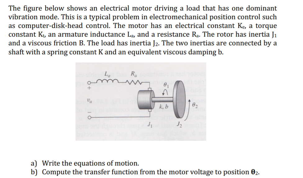 The figure below shows an electrical motor driving a load that has one dominant
vibration mode. This is a typical problem in electromechanical position control such
as computer-disk-head control. The motor has an electrical constant Ke, a torque
constant Kt, an armature inductance La, and a resistance Ra. The rotor has inertia J1
and a viscous friction B. The load has inertia J2. The two inertias are connected by a
shaft with a spring constant K and an equivalent viscous damping b.
La
Ra
Va
k, b
02
J2
a) Write the equations of motion.
b) Compute the transfer function from the motor voltage to position 02.
