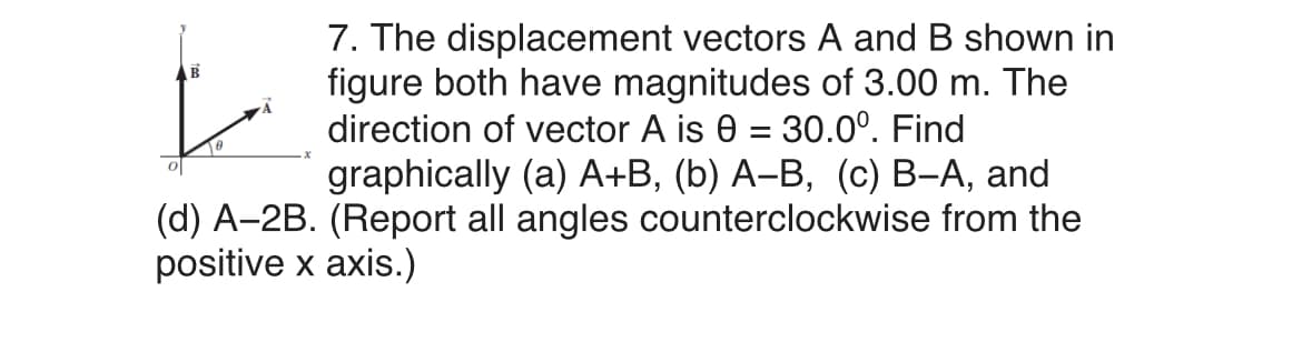7. The displacement vectors A and B shown in
figure both have magnitudes of 3.00 m. The
direction of vector A is 0 = 30.0°. Find
graphically (a) A+B, (b) A-B, (c) B-A, and
(d) A-2B. (Report all angles counterclockwise from the
positive x axis.)
0
0