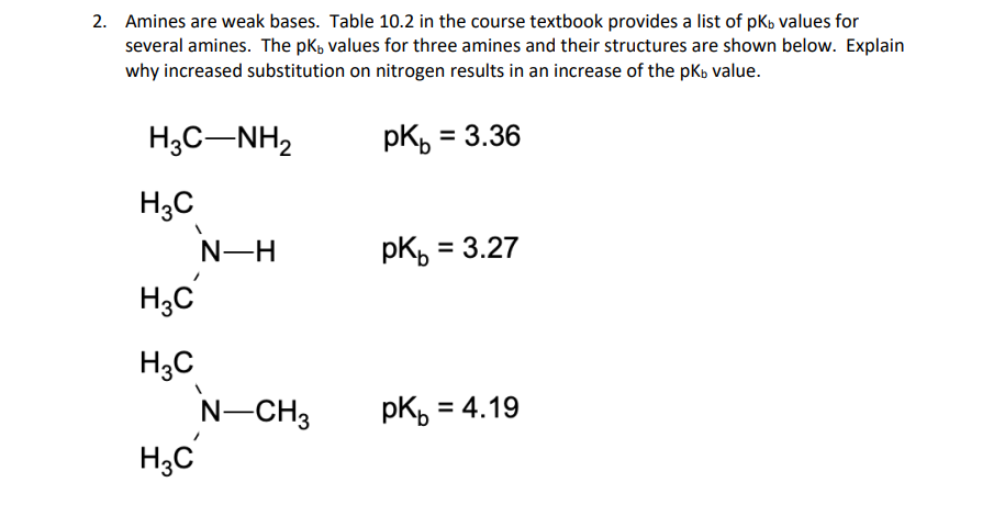 2. Amines are weak bases. Table 10.2 in the course textbook provides a list of pкb values for
several amines. The pк values for three amines and their structures are shown below. Explain
why increased substitution on nitrogen results in an increase of the pK value.
H3C-NH2
PK = 3.36
H3C
N-H
рко
= 3.27
H3C
H3C
N-CH3
PK = 4.19
H3C
