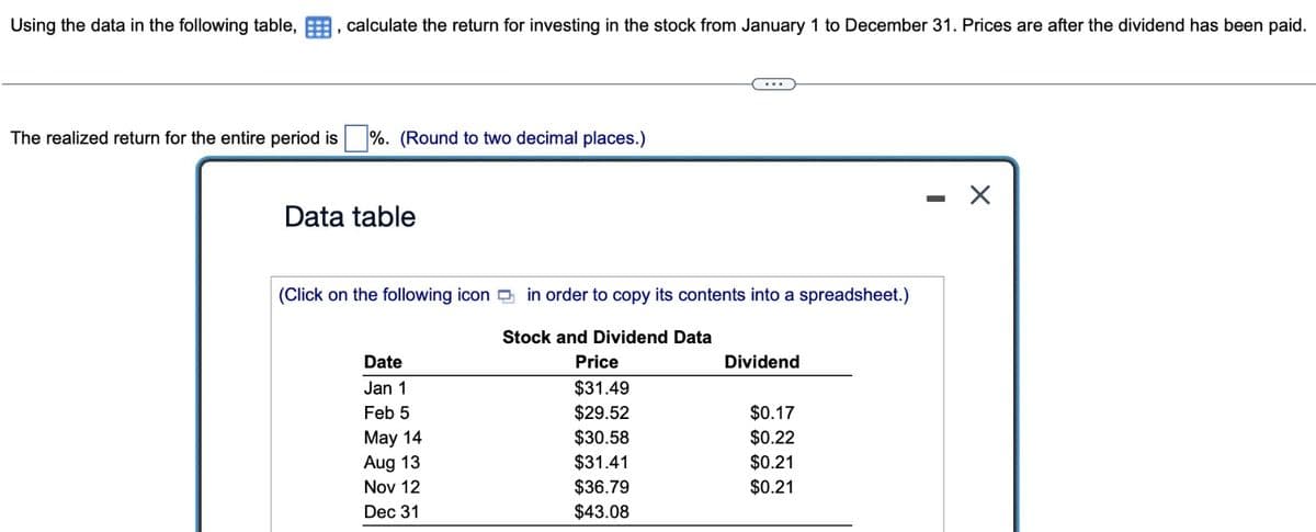 Using the data in the following table,
calculate the return for investing in the stock from January 1 to December 31. Prices are after the dividend has been paid.
The realized return for the entire period is%. (Round to two decimal places.)
Data table
(Click on the following icon in order to copy its contents into a spreadsheet.)
Stock and Dividend Data
Price
$31.49
$29.52
$30.58
$31.41
$36.79
$43.08
Date
Jan 1
Feb 5
May 14
Aug 13
Nov 12
Dec 31
Dividend
$0.17
$0.22
$0.21
$0.21
-
X