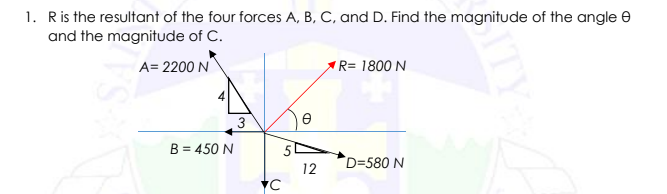 1. Ris the resultant of the four forces A, B, C, and D. Find the magnitude of the angle e
and the magnitude of C.
A= 2200 N
*R= 1800 N
3
B = 450 N
D=580 N
12
