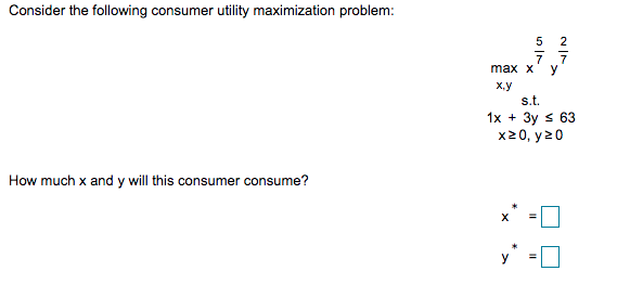 Consider the following consumer utility maximization problem:
How much x and y will this consumer consume?
max x
x,y
5
s.t.
1x + 3y ≤ 63
x20, y 20