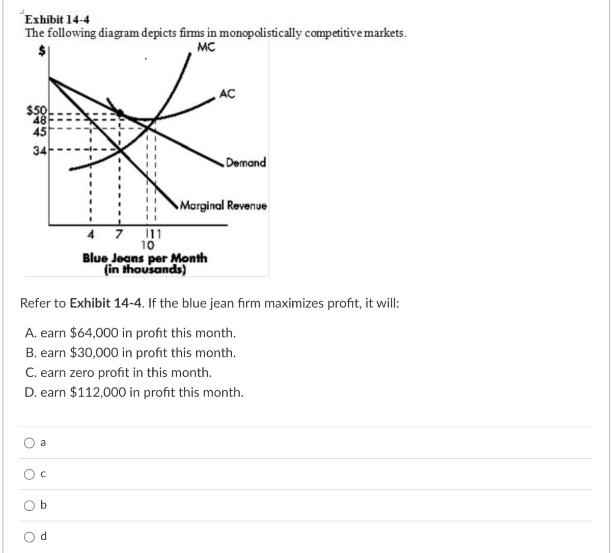 Exhibit 14-4
The following diagram depicts firms in monopolistically competitive markets.
MC
$50
48
45
34
O
a
с
b
4 7 111
10
Refer to Exhibit 14-4. If the blue jean firm maximizes profit, it will:
A. earn $64,000 in profit this month.
B. earn $30,000 in profit this month.
C. earn zero profit in this month.
D. earn $112,000 in profit this month.
d
AC
Blue Jeans per Month
(in thousands)
Demand
Marginal Revenue