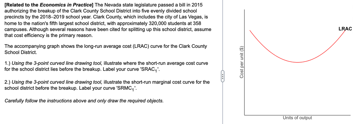 [Related to the Economics in Practice] The Nevada state legislature passed a bill in 2015
authorizing the breakup of the Clark County School District into five evenly divided school
precincts by the 2018-2019 school year. Clark County, which includes the city of Las Vegas, is
home to the nation's fifth largest school district, with approximately 320,000 students at 358
campuses. Although several reasons have been cited for splitting up this school district, assume
that cost efficiency is the primary reason.
The accompanying graph shows the long-run average cost (LRAC) curve for the Clark County
School District.
1.) Using the 3-point curved line drawing tool, illustrate where the short-run average cost curve
for the school district lies before the breakup. Label your curve 'SRAC₁'.
2.) Using the 3-point curved line drawing tool, illustrate the short-run marginal cost curve for the
school district before the breakup. Label your curve 'SRMC₁'.
Carefully follow the instructions above and only draw the required objects.
C
Cost per unit ($)
Units of output
LRAC