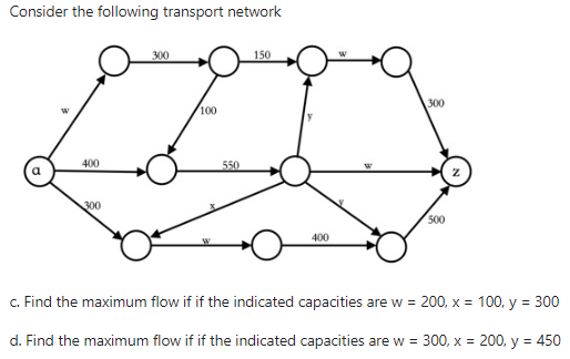 Consider the following transport network
300
100
400
550
300
150
300
500
400
c. Find the maximum flow if if the indicated capacities are w = 200, x = 100, y = 300
d. Find the maximum flow if if the indicated capacities are w = 300, x = 200, y = 450