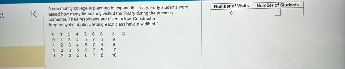 st
K
A community college is planning to expand its library. Forty students were
asked how many times they visited the library during the previous
semester. Their responses are given below. Construct a
frequency distribution, letting each class have a width of 1.
0
0
44455
33333
11222
55566
6
8
8
7
8
9
1
4
5
7
8
9
1
6
7
8
10
1
3 5 6 7
8
10
Number of Visits
0
Number of Students
