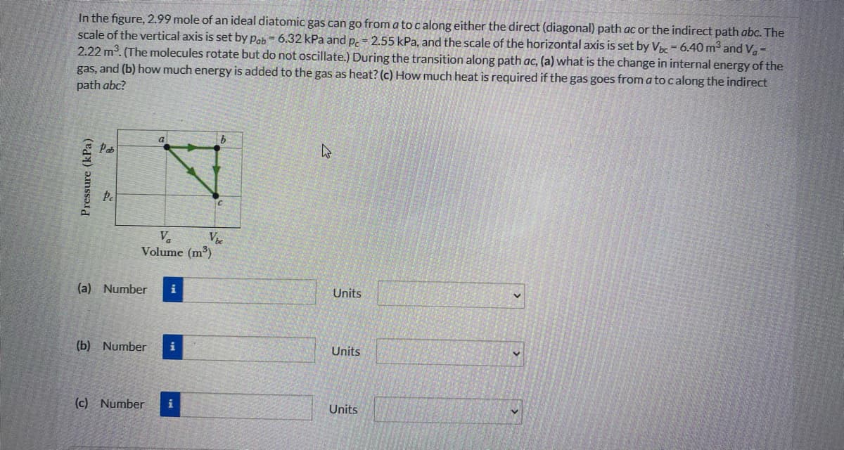 In the figure, 2.99 mole of an ideal diatomic gas can go froma to calong either the direct (diagonal) path ac or the indirect path abc. The
scale of the vertical axis is set by pob = 6.32 kPa and p. = 2.55 kPa, and the scale of the horizontal axis is set by Vac = 6.40 m and V, =
2.22 m3. (The molecules rotate but do not oscillate.) During the transition along path ac, (a) what is the change in internal energy of the
gas, and (b) how much energy is added to the gas as heat? (c) How much heat is required if the gas goes from a to calong the indirect
path abc?
a
Pab
Pe
V.
Volume (m³)
(a) Number
i
Units
(b) Number
i
Units
(c) Number
Units
Pressure (kPa)
