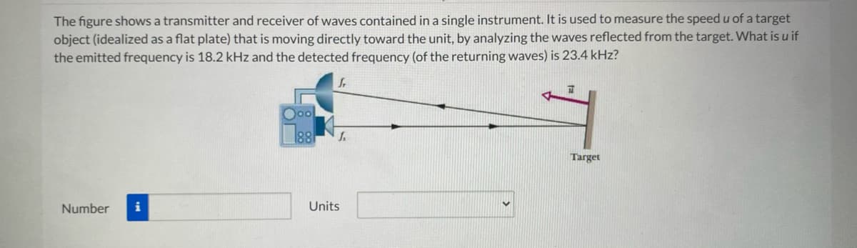 The figure shows a transmitter and receiver of waves contained in a single instrument. It is used to measure the speed u of a target
object (idealized as a flat plate) that is moving directly toward the unit, by analyzing the waves reflected from the target. What is u if
the emitted frequency is 18.2 kHz and the detected frequency (of the returning waves) is 23.4 kHz?
88
Target
Number
Units
