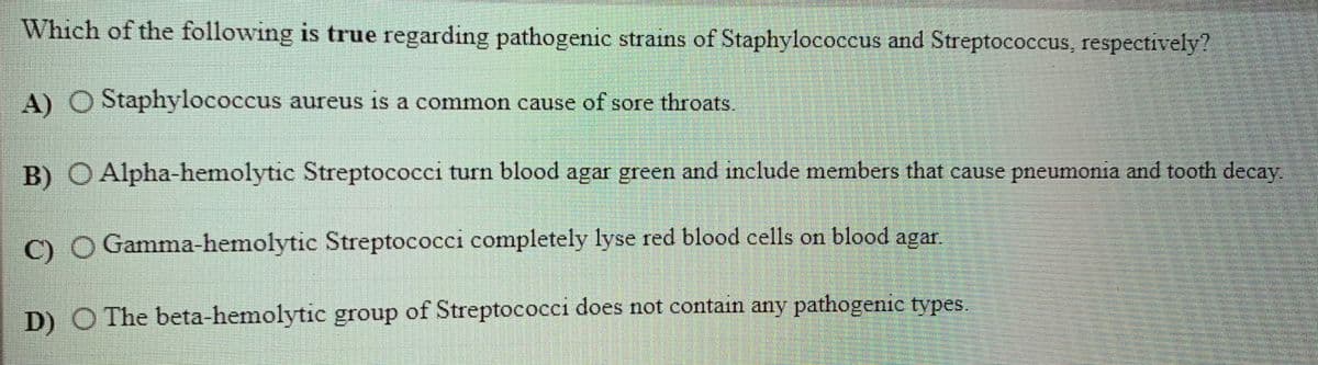 Which of the following is true regarding pathogenic strains of Staphylococcus and Streptococcus, respectively?
A) O Staphylococcus aureus is a common cause of sore throats.
B) O Alpha-hemolytic Streptococci turn blood agar green and include members that cause pneumonia and tooth decay,
C)
Gamma-hemolytic Streptococci completely lyse red blood cells on blood agar.
D) O The beta-hemolytic group of Streptococci does not contain any pathogenic types.
