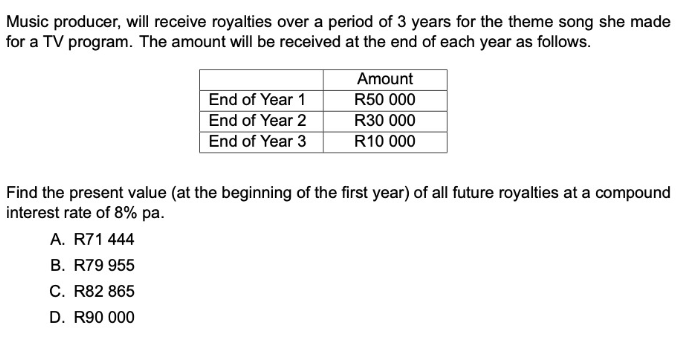 Music producer, will receive royalties over a period of 3 years for the theme song she made
for a TV program. The amount will be received at the end of each year as follows.
End of Year 1
End of Year 2
End of Year 3
Amount
R50 000
R30 000
R10 000
Find the present value (at the beginning of the first year) of all future royalties at a compound
interest rate of 8% pa.
A. R71 444
B. R79 955
C. R82 865
D. R90 000
