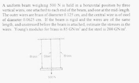 A uniform beam weighing 500 N is held in a honzontal position by three
vertical wires, one attached to each end of the beam, and one at the mid-length
The outer wires are brass of diameter 0 125 cm, and the central wire is of steel
of diameter 0.0625 cm. If the beam is rigid and the wires are of the same
iength, and unstressed before the beam is attached, estimate the stresses in the
wires. Young's modulus for brass is 85 GN/m' and for steel is 200 GN/m
Brass
Stoel
Brass
500 N
