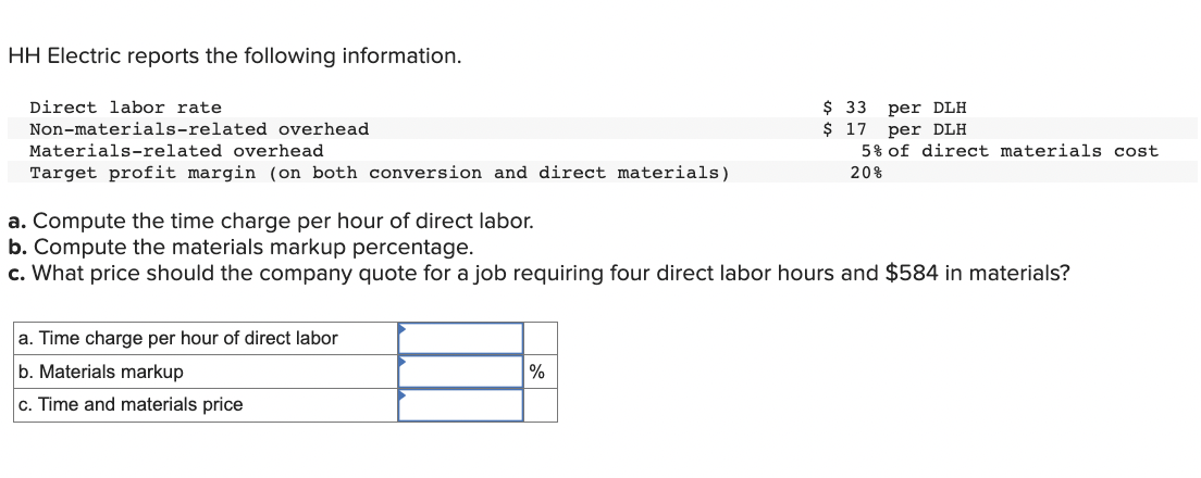 HH Electric reports the following information.
Direct labor rate
Non-materials-related overhead
Materials-related overhead
Target profit margin (on both conversion and direct materials)
a. Compute the time charge per hour of direct labor.
b. Compute the materials markup percentage.
c. What price should the company quote for a job requiring four direct labor hours and $584 in materials?
a. Time charge per hour of direct labor
b. Materials markup
c. Time and materials price
$ 33
per DLH
$17 per DLH
5% of direct materials cost
20%
%