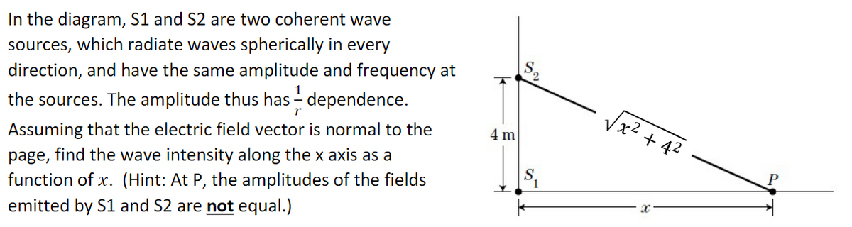 In the diagram, S1 and S2 are two coherent wave
sources, which radiate waves spherically in every
direction, and have the same amplitude and frequency at
the sources. The amplitude thus has dependence.
Assuming that the electric field vector is normal to the
page, find the wave intensity along the x axis as a
function of x. (Hint: At P, the amplitudes of the fields
emitted by S1 and S2 are not equal.)
4 m
x² +4²
X