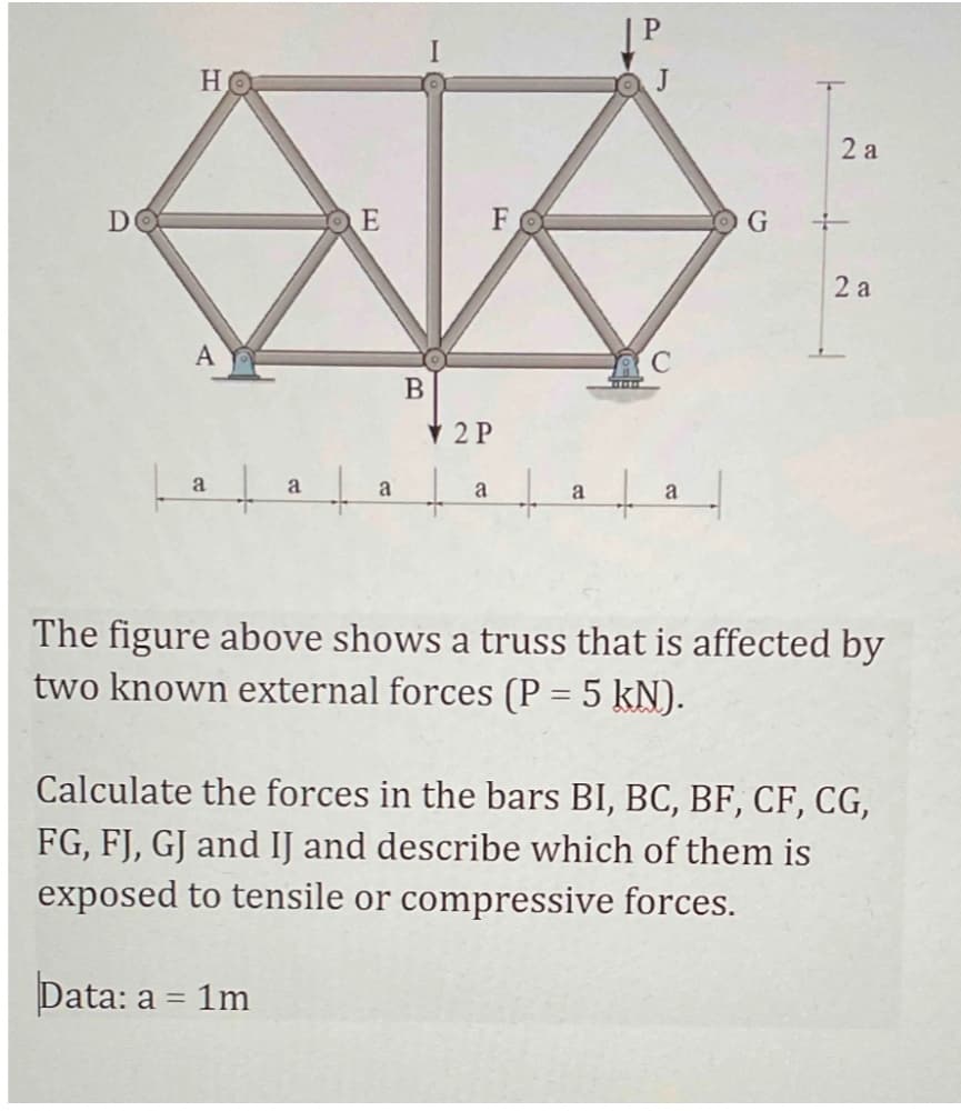 DO
H
a
↓
a
E
Data: a = 1m
a
B
F
2 P
a
a
C
+
a
G
2 a
2 a
The figure above shows a truss that is affected by
two known external forces (P = 5 kN).
Calculate the forces in the bars BI, BC, BF, CF, CG,
FG, FJ, GJ and IJ and describe which of them is
exposed to tensile or compressive forces.
