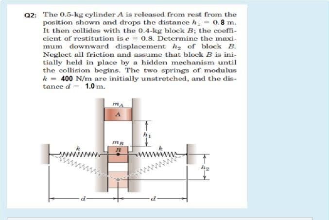 Q2: The 0.5-kg cylinder A is released from rest from the
position shown and drops the distance h1 = 0.8 m.
It then collides with the 0.4-kg block B; the coeffi-
cient of restitution is e = 0.8. Determine the maxi-
mum downward displacement he of block B.
Neglect all friction and assume that block B is ini-
tially held in place by a hidden mechanism until
the collision begins. The two springs of modulus
k = 400 N/m are initially unstretched, and the dis-
tance d = 1.0 m.
wwwwww
