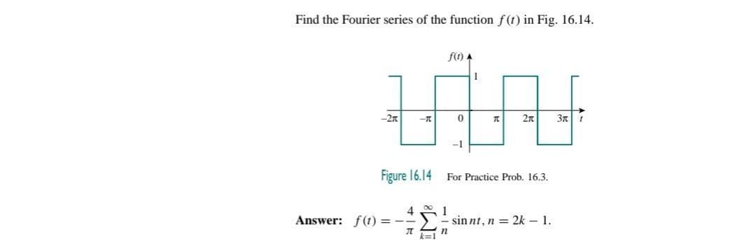Find the Fourier series of the function f(t) in Fig. 16.14.
f() A
-2n
2n
3n t
-1
Figure 16.14
For Practice Prob. 16.3.
4 0 1
Answer: f(t) = --
sin nt, n = 2k –1.
