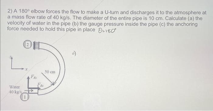 2) A 180° elbow forces the flow to make a U-turn and discharges it to the atmosphere at
a mass flow rate of 40 kg/s. The diameter of the entire pipe is 10 cm. Calculate (a) the
velocity of water in the pipe (b) the gauge pressure inside the pipe (c) the anchoring
force needed to hold this pipe in place 180°
L.
Water
40 kg/s
FRE
FRX
50 cm
9)