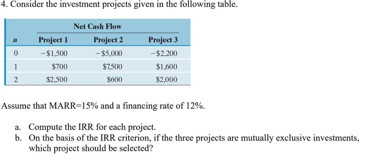 4. Consider the investment projects given in the following table.
n
0
1
2
Project 1
- $1,500
$700
$2,500
Net Cash Flow
Project 2
- $5,000
$7,500
$600
Project 3
-$2,200
$1,600
$2,000
Assume that MARR=15% and a financing rate of 12%.
a. Compute the IRR for each project.
b. On the basis of the IRR criterion, if the three projects are mutually exclusive investments,
which project should be selected?