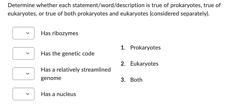 Determine whether each statement/word/description is true of prokaryotes, true of
eukaryotes, or true of both prokaryotes and eukaryotes (considered separately).
Has ribozymes
1. Prokaryotes
Has the genetic code
2. Eukaryotes
Has a relatively streamlined
genome
3. Both
Has a nucleus