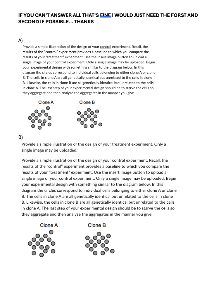 IF YOU CAN'T ANSWER ALL THAT'S EINE I WOULD JUST NEED THE FORST AND
SECOND IF POSSIBLE... THANKS
A)
Provide a simple illustration of the design of your control experiment. Recall, the
results of the "control" experiment provides a baseline to which you compare the
results of your "treatment" experiment. Use the insert image button to upload a
single image of your control experiment. Only a single image may be uploaded. Begin
your experimental design with something similar to the diagram below. In this
diagram the circles correspond to individual cells belonging to either clone A or clone
B. The cells in clone A are all genetically identical but unrelated to the cells in clone
B. Likewise, the cells in clone B are all genetically identical but unrelated to the cells
in clone A. The last step of your experimental design should be to starve the cells so
they aggregate and then analyze the aggregates in the manner you give.
Clone A
Clone B
B)
Provide a simple illustration of the design of your treatment experiment. Only a
single image may be uploaded.
Provide a simple illustration of the design of your control experiment. Recall, the
results of the "control" experiment provides a baseline to which you compare the
results of your "treatment" experiment. Use the insert image button to upload a
single image of your control experiment. Only a single image may be uploaded. Begin
your experimental design with something similar to the diagram below. In this
diagram the circles correspond to individual cells belonging to either clone A or clone
B. The cells in clone A are all genetically identical but unrelated to the cells in clone
B. Likewise, the cells in clone B are all genetically identical but unrelated to the cells
in clone A. The last step of your experimental design should be to starve the cells so
they aggregate and then analyze the aggregates in the manner you give.
Clone A
Clone B