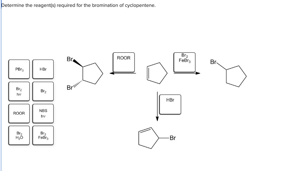 Determine the reagent(s) required for the bromination of cyclopentene.
PBr3
Br₂
hv
ROOR
Br₂
H₂O
HBr
Br₂
NBS
hv
Br₂
FeBr3
Br
Br...
ROOR
HBr
-Br
Br₂
FeBr3
Br.