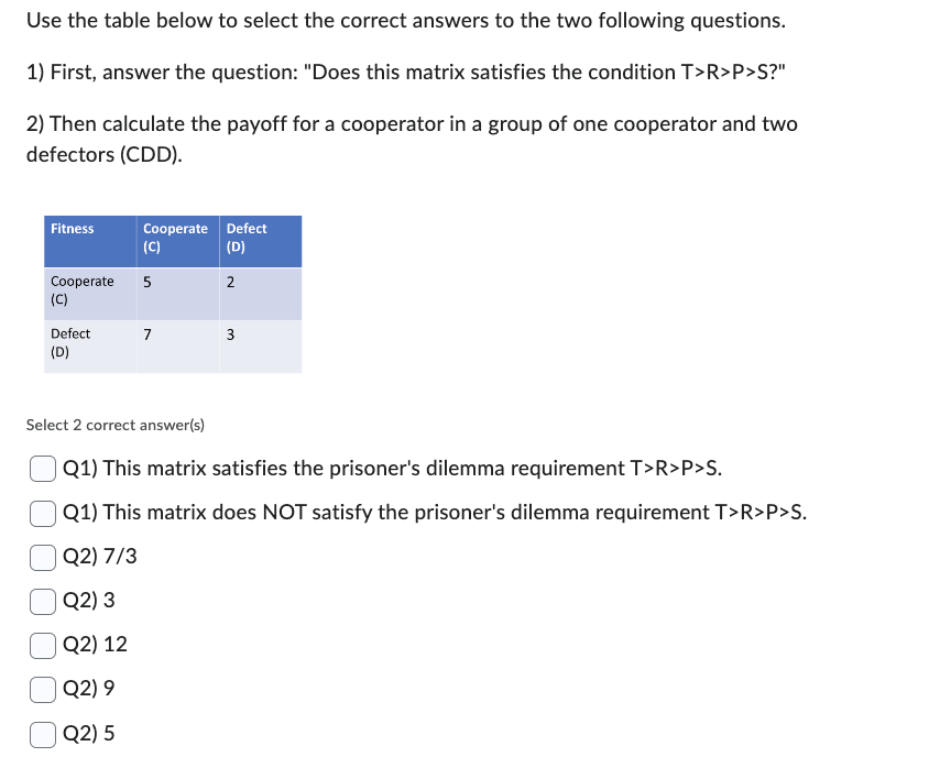 Use the table below to select the correct answers to the two following questions.
1) First, answer the question: "Does this matrix satisfies the condition T>R>P>S?"
2) Then calculate the payoff for a cooperator in a group of one cooperator and two
defectors (CDD).
Fitness
Cooperate Defect
(C)
(D)
Cooperate 5
2
(C)
Defect
(D)
7
3
Select 2 correct answer(s)
Q1) This matrix satisfies the prisoner's dilemma requirement T>R>P>S.
Q1) This matrix does NOT satisfy the prisoner's dilemma requirement T>R>P>S.
Q2) 7/3
Q2)3
Q2) 12
Q2) 9
Q2) 5