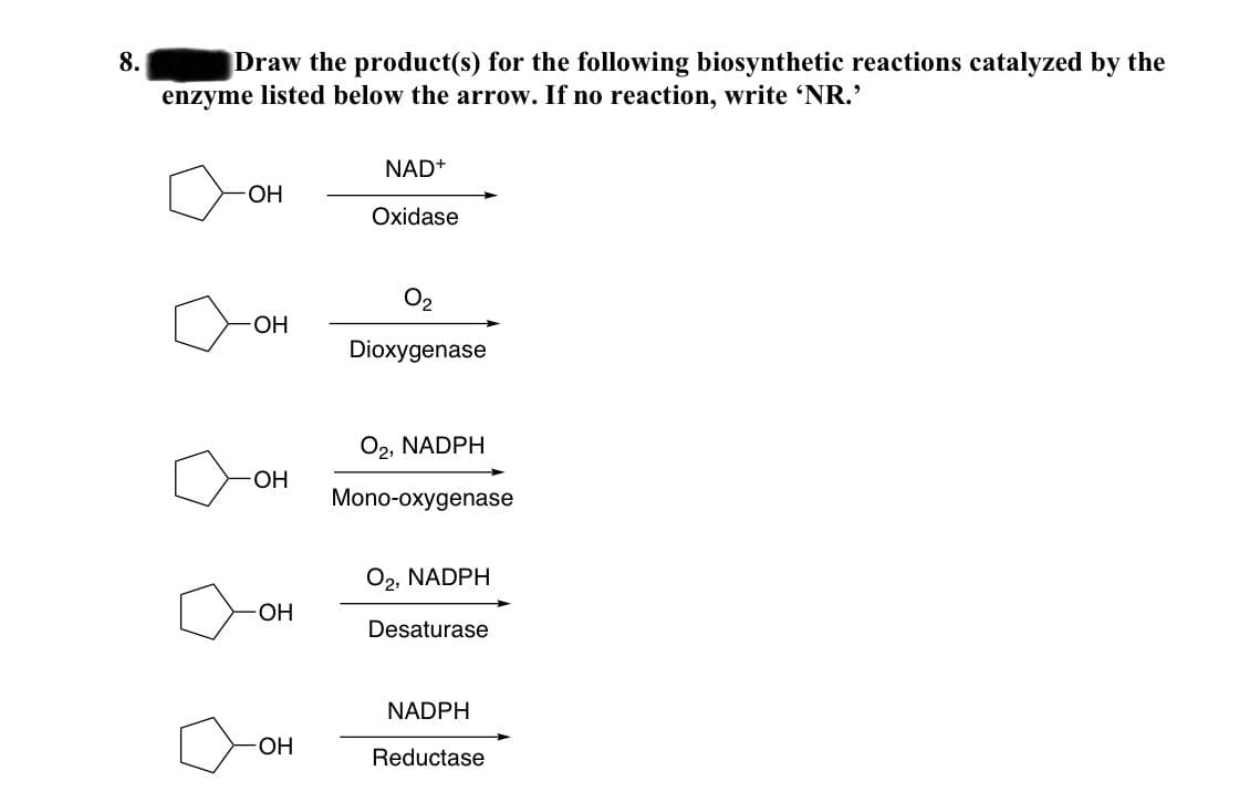 8.
Draw the product(s) for the following biosynthetic reactions catalyzed by the
enzyme listed below the arrow. If no reaction, write 'NR.'
NAD+
OH
Oxidase
O2
ОН
Dioxygenase
O2, NADPH
ОН
Mono-oxygenase
O2, NADPH
O-
Desaturase
NADPH
OH
Reductase
