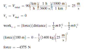 (km ){ 1h }1000 m
90
h {3600 s jl 1 km
V, = V
25 m
initial
V2
= V.
= 0
tinal
work, , = (force)(distance) = -mV? --mv?
(force)(100 m) = 0 -;(1400 kg)|25
kel/25
force = -4375 N
