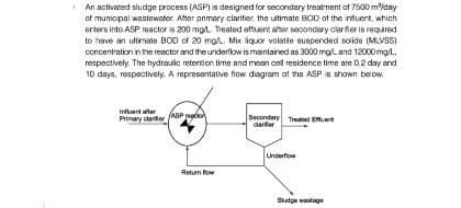 An activated sludge process (ASP) is designed for secondary treatment of 7500 m³/day
of municipal wastewater. After primary claritier, the ultimate BOD of the influent, which
enters into ASP reactor is 200 mgt. Treated effluent after secondary clarifier is required
to have an ultimate BOD of 20 mg. Mix liquor volatile suspended solids (MLVSS)
concentration in the reactor and the underflow is maintained as 3000 mg and 12000 mg/L.
respectively.
y. The hydraulic retention time and mean cell residence time are 0.2 day and
10 days, respectively. A representative flow diagram of the ASP is shown below.
Inflent after
Primary car
ASP
Return fo
Secondary Treated
clarifier
Underflow
Shudge wastage