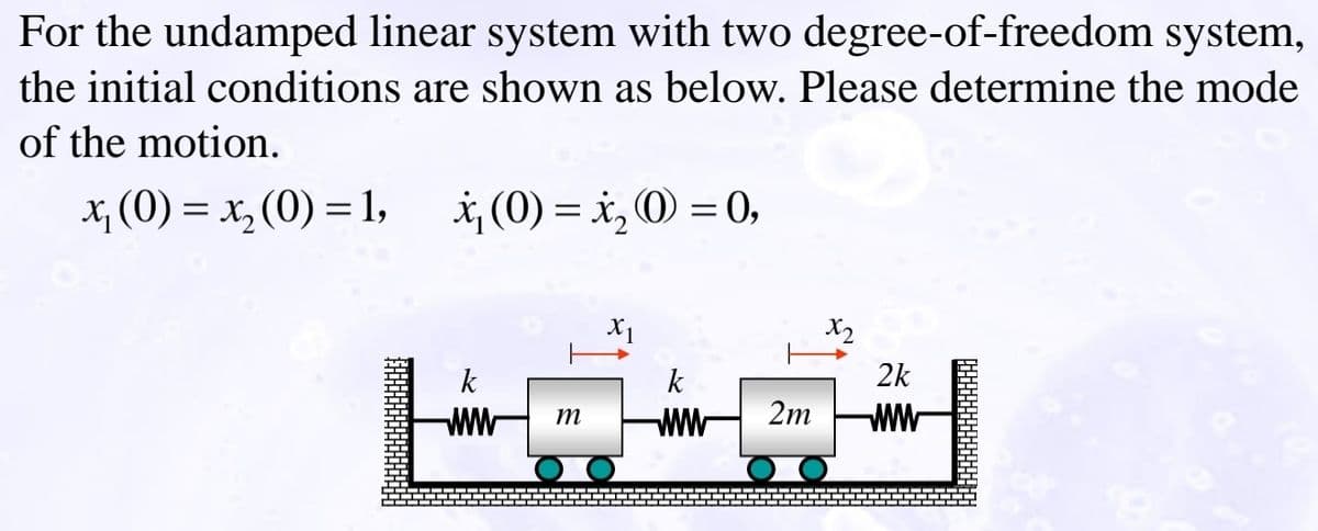 For the undamped linear system with two degree-of-freedom system,
the initial conditions are shown as below. Please determine the mode
of the motion.
x₁(0) = x(0) = 1,
x(0)=x₂ (0) = 0,
X1
k
k
ww
m
ww
X2
2k
24
2m ww