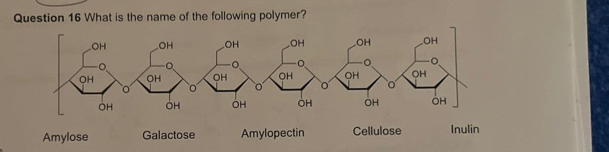 Question 16 What is the name of the following polymer?
OH
OH
OH
OH
OH
OH
666666
OH
OH
OH
OH
OH
OH
OH
OH
OH
Amylose
OH
Galactose
OH
Amylopectin
Cellulose
OH
Inulin