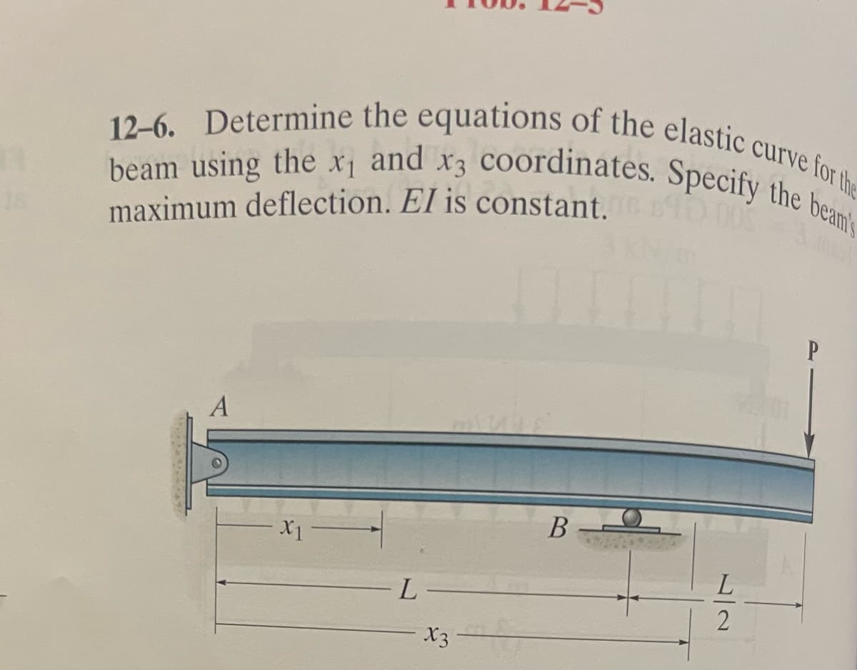 12-6. Determine the equations of the elastic curve for the
beam using the x₁ and x3 coordinates. Specify the beam's
maximum deflection. El is constant.
****
A
X1
L-
X3
B
2