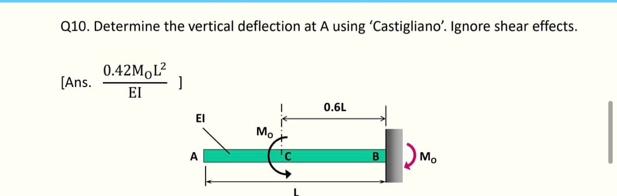 Q10. Determine the vertical deflection at A using 'Castigliano'. Ignore shear effects.
[Ans.
0.42M L²
EI
]
ΕΙ
A
Mo
0.6L
B
Mo
