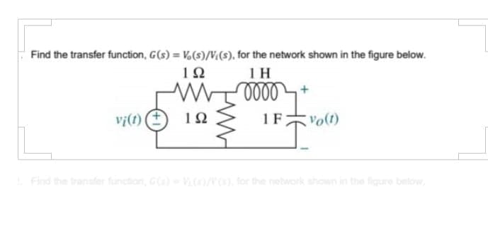 Find the transfer function, G(s) = V(s)/V¿(s), for the network shown in the figure below.
1 H
vi(t)
12
1 F
vo(t)
Find the transfer function, G)V/), for the network shown in the figure below,
